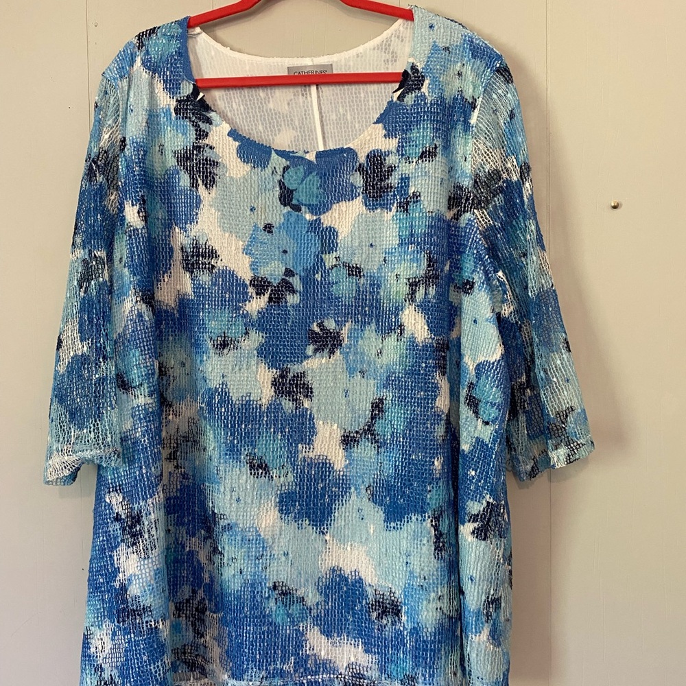 Catherines Blue Boxy Ribbed 3/4 Sleeve Blouse